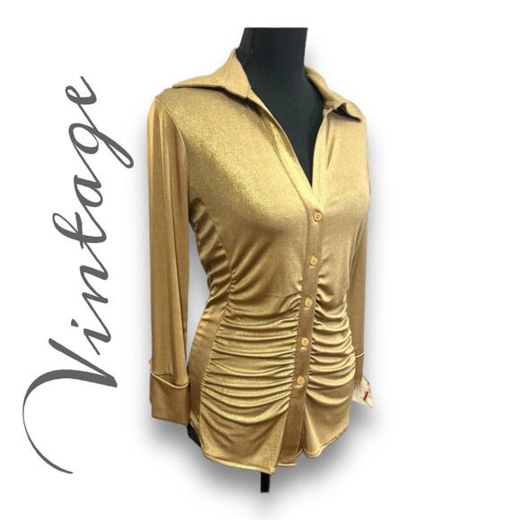 INC Vintage Metallic Gold Ruched Fitted Knit Top SZ MED - Picture 1 of 10